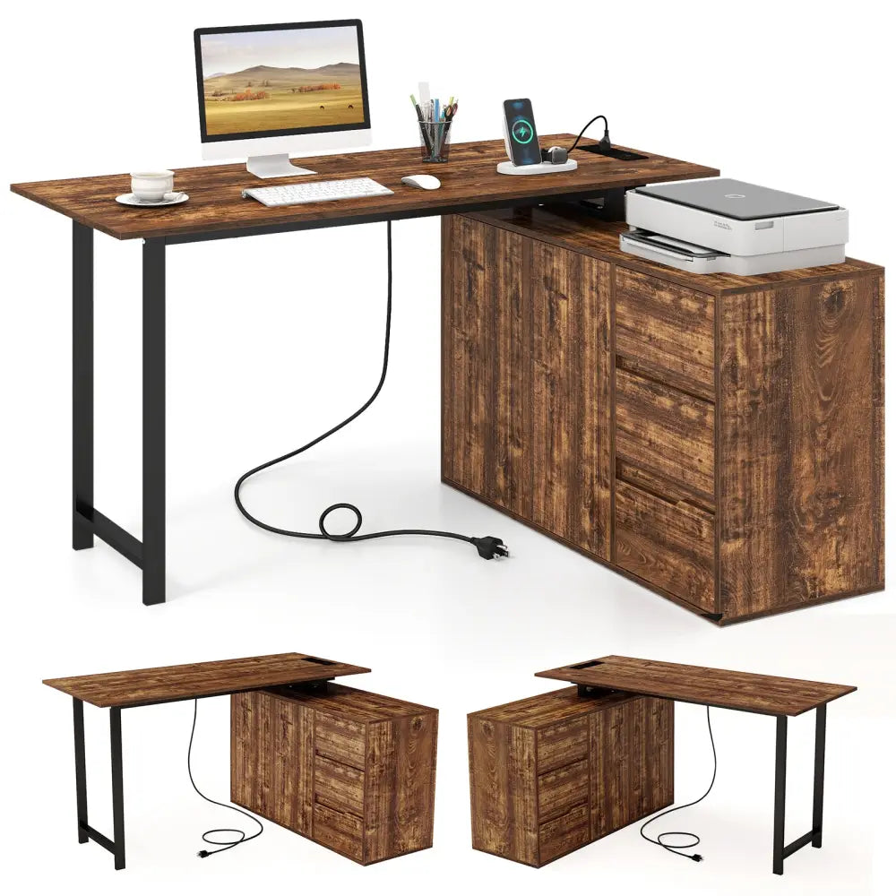 L-Shaped Desk with File Cabinet and Power Outlet Reversible Corner Computer Desk-Rustic Brown - Rustic Brown - L-Shaped