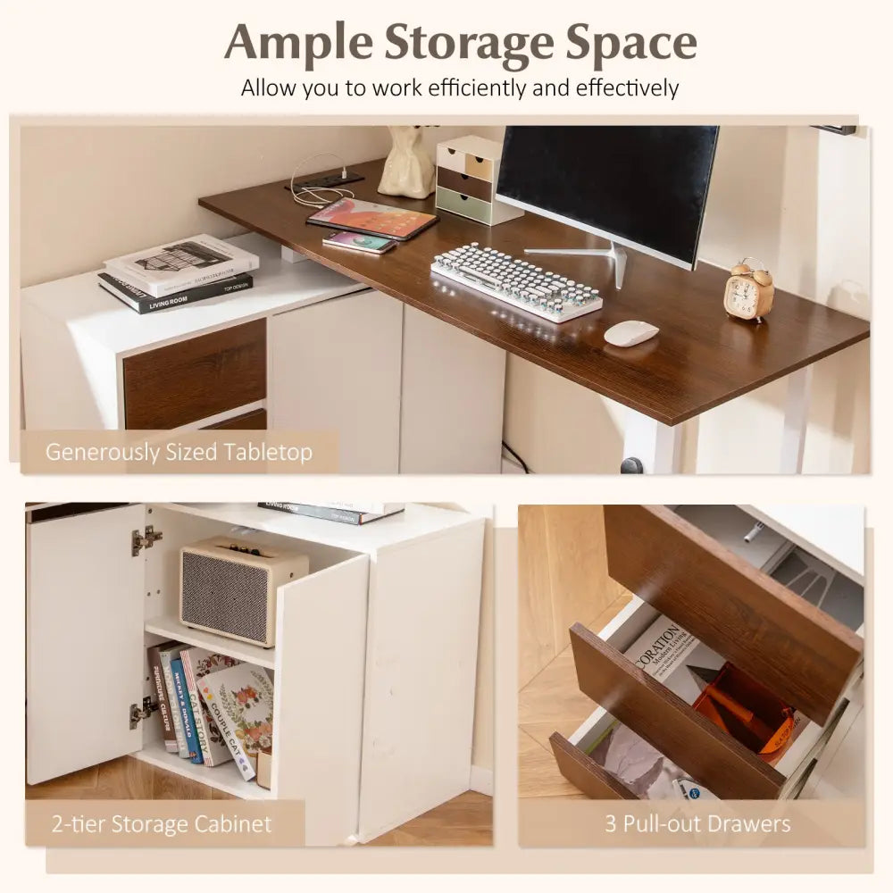 L-Shaped Desk with File Cabinet and Power Outlet Reversible Corner Computer Desk-White - White - L-Shaped Desks