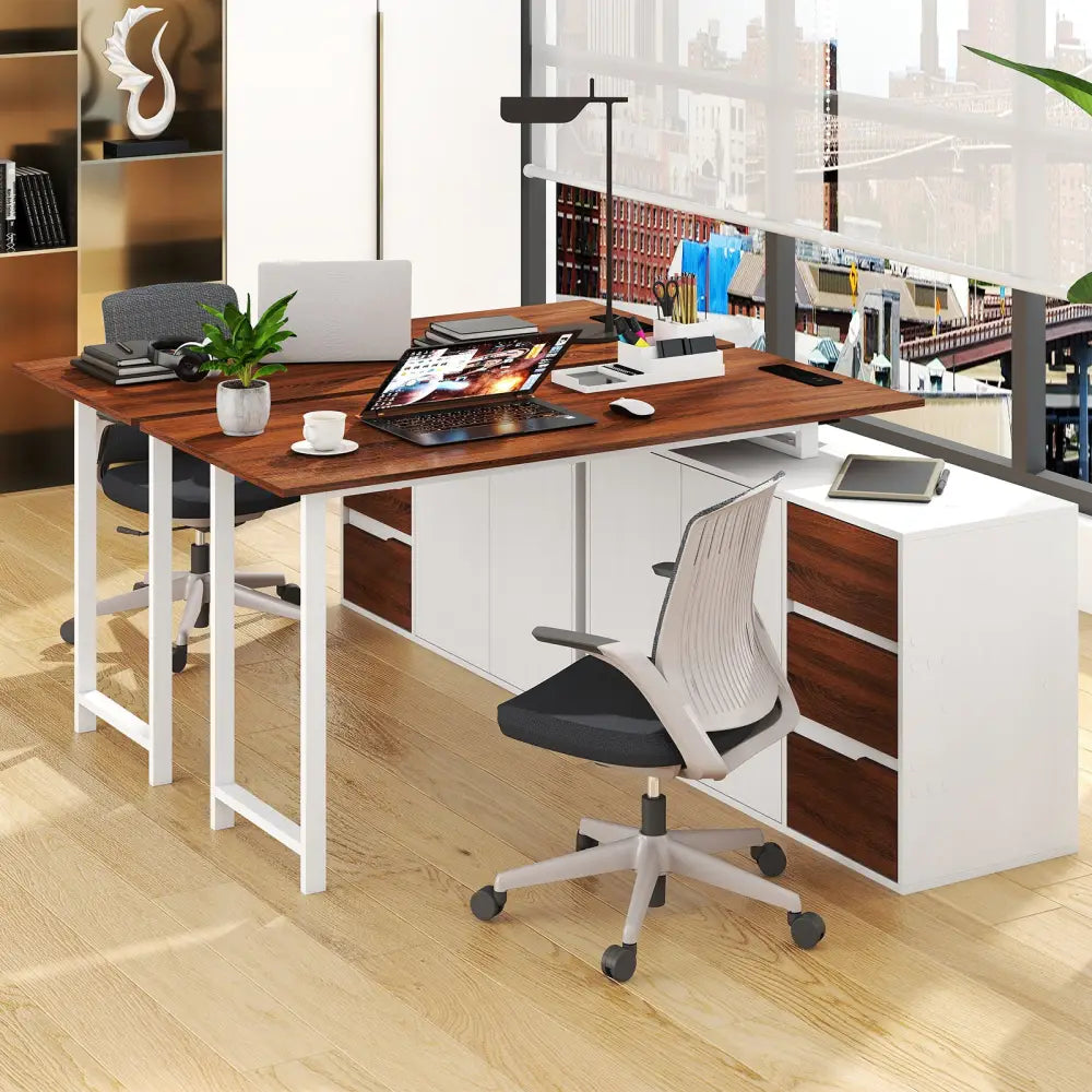 L-Shaped Desk with File Cabinet and Power Outlet Reversible Corner Computer Desk-White - White - L-Shaped Desks
