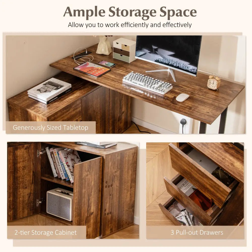 L-Shaped Desk with File Cabinet and Power Outlet Reversible Corner Computer Desk-Rustic Brown - Rustic Brown - L-Shaped