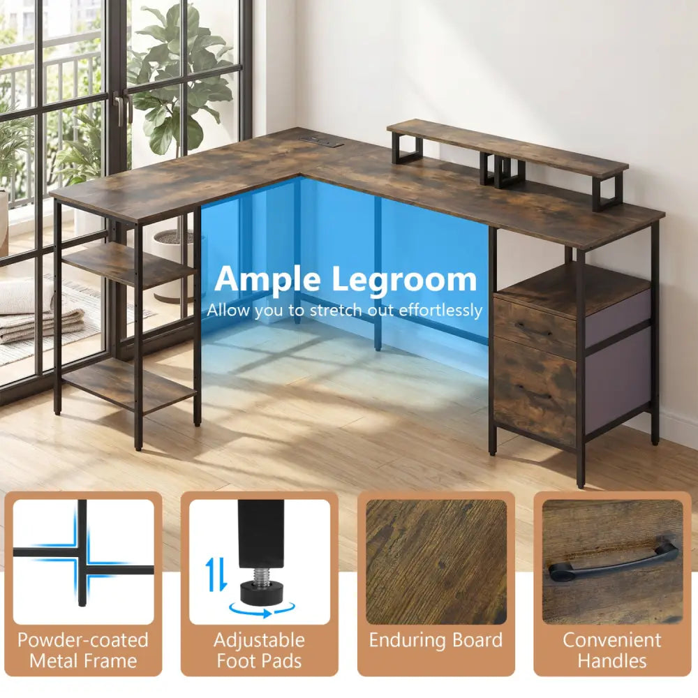 L Shaped Desk with Power Outlet Reversible Computer Desk with Monitor Stands-Rustic Brown - Rustic Brown - L-Shaped