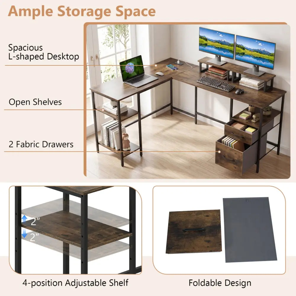 L Shaped Desk with Power Outlet Reversible Computer Desk with Monitor Stands-Rustic Brown - Rustic Brown - L-Shaped