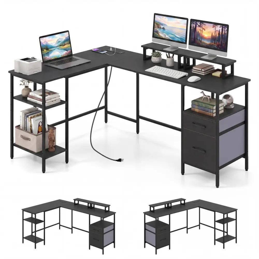 L Shaped Desk with Power Outlet Reversible Computer Desk with Monitor Stands-Black - Black - L-Shaped Desks