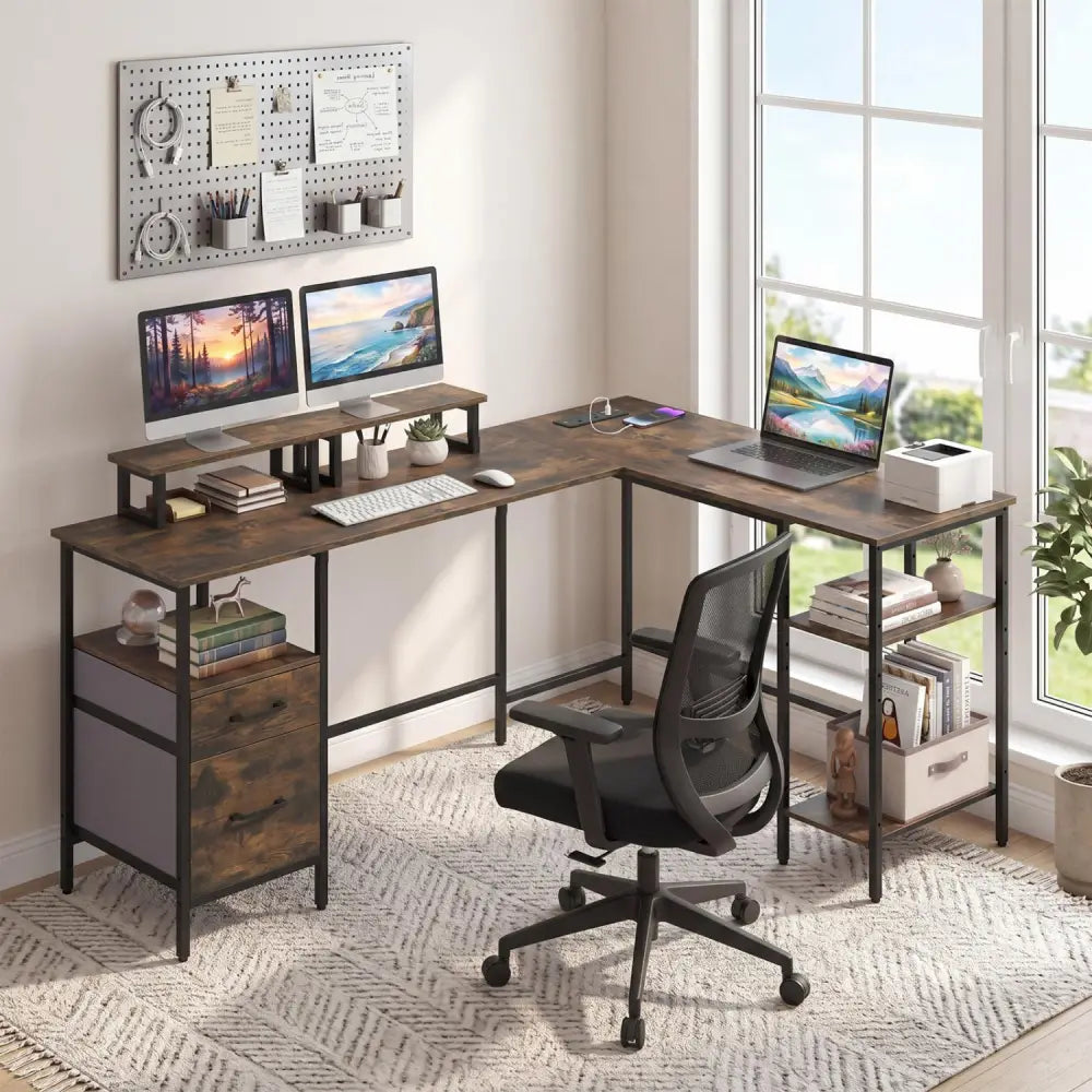 L Shaped Desk with Power Outlet Reversible Computer Desk with Monitor Stands-Rustic Brown - Rustic Brown - L-Shaped