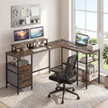 L Shaped Desk with Power Outlet Reversible Computer Desk with Monitor Stands-Rustic Brown - Rustic Brown - L-Shaped