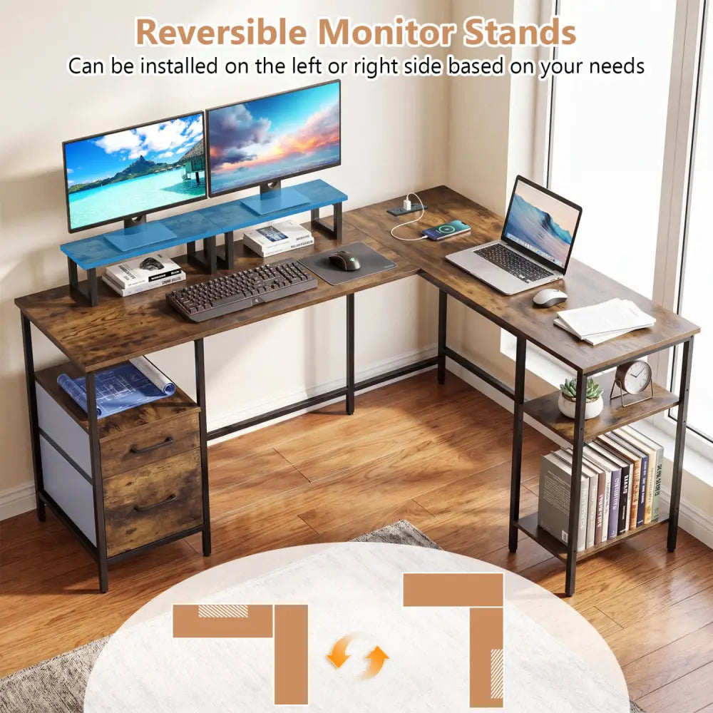 L Shaped Desk with Power Outlet Reversible Computer Desk with Monitor Stands-Rustic Brown - Rustic Brown - L-Shaped