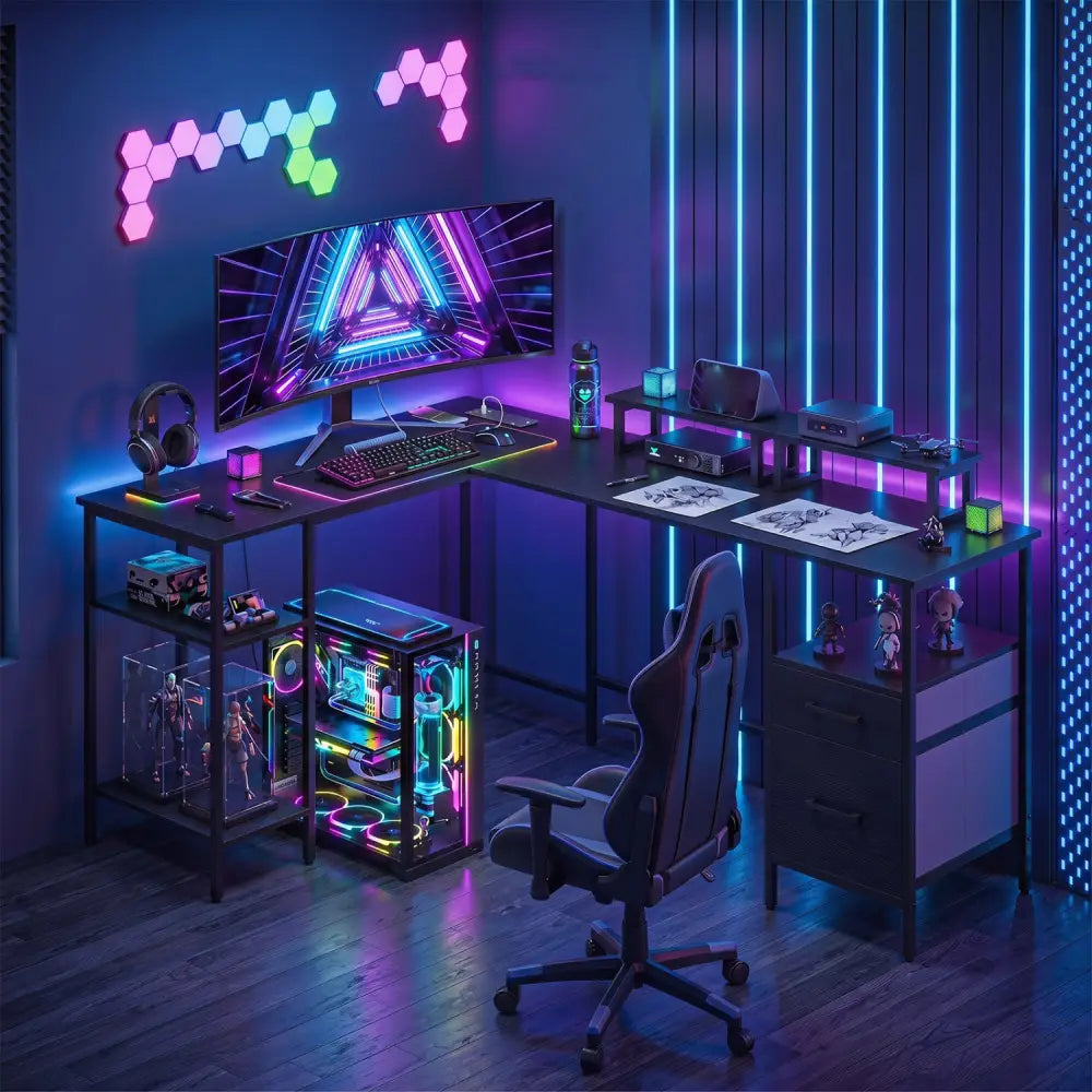 L Shaped Desk with Power Outlet Reversible Computer Desk with Monitor Stands-Black - Black - L-Shaped Desks
