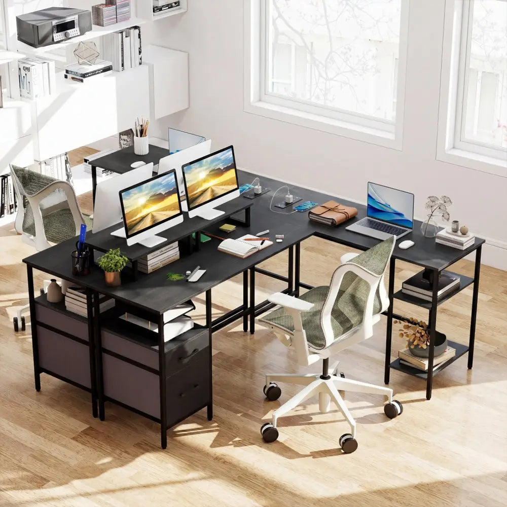 L Shaped Desk with Power Outlet Reversible Computer Desk with Monitor Stands-Black - Black - L-Shaped Desks