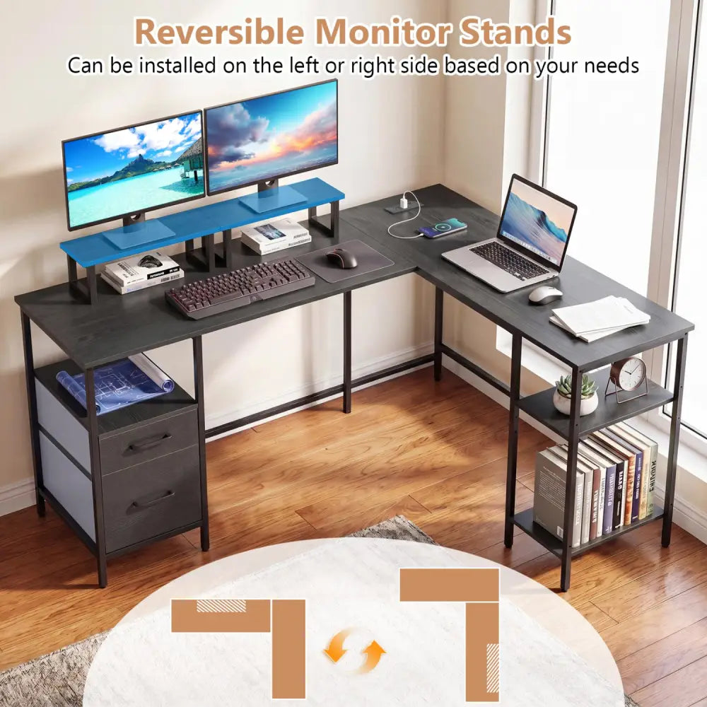L Shaped Desk with Power Outlet Reversible Computer Desk with Monitor Stands-Black - Black - L-Shaped Desks