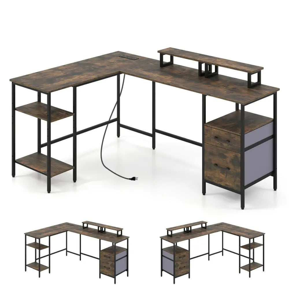 L Shaped Desk with Power Outlet Reversible Computer Desk with Monitor Stands-Rustic Brown - Rustic Brown - L-Shaped