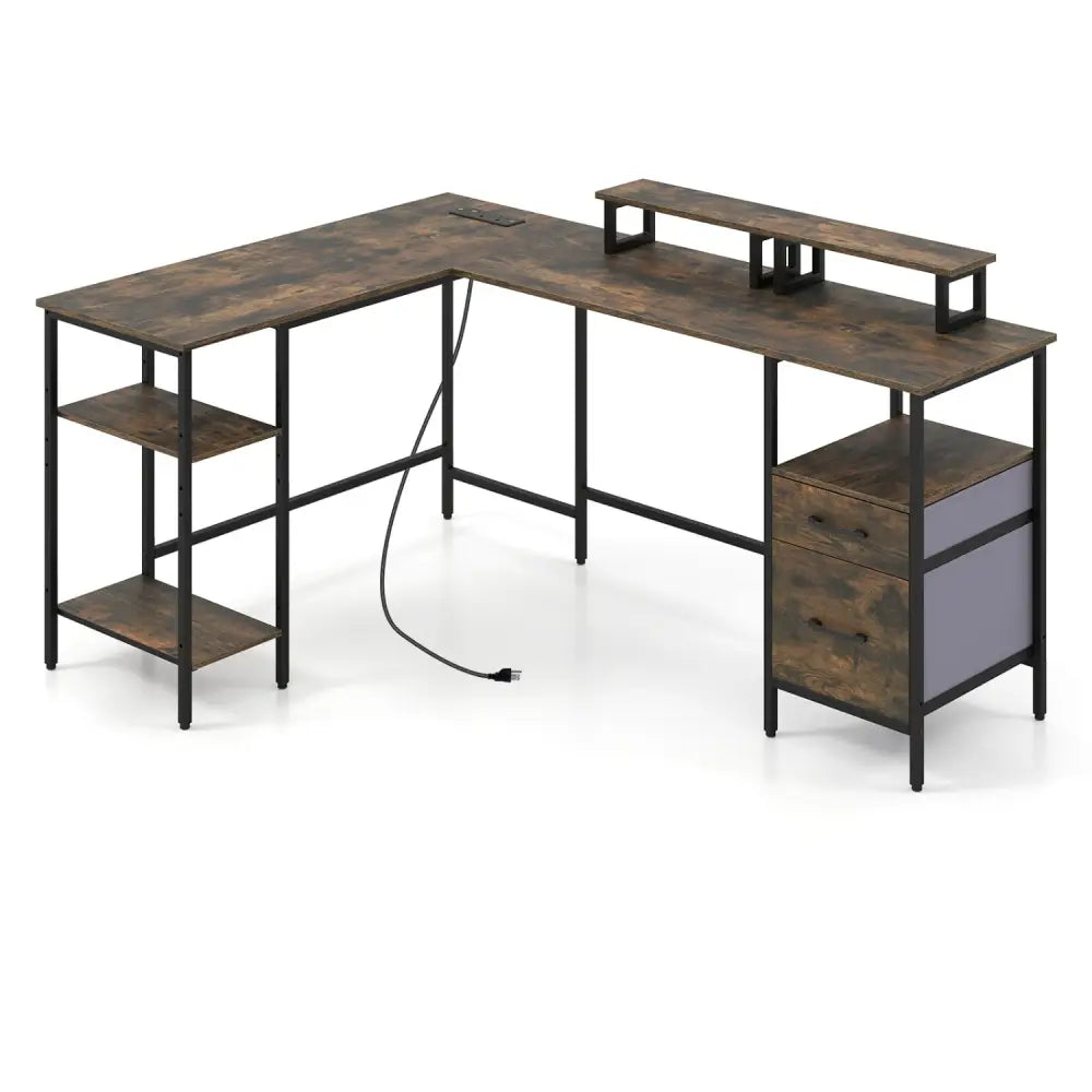 L Shaped Desk with Power Outlet Reversible Computer Desk with Monitor Stands-Rustic Brown - Rustic Brown - L-Shaped