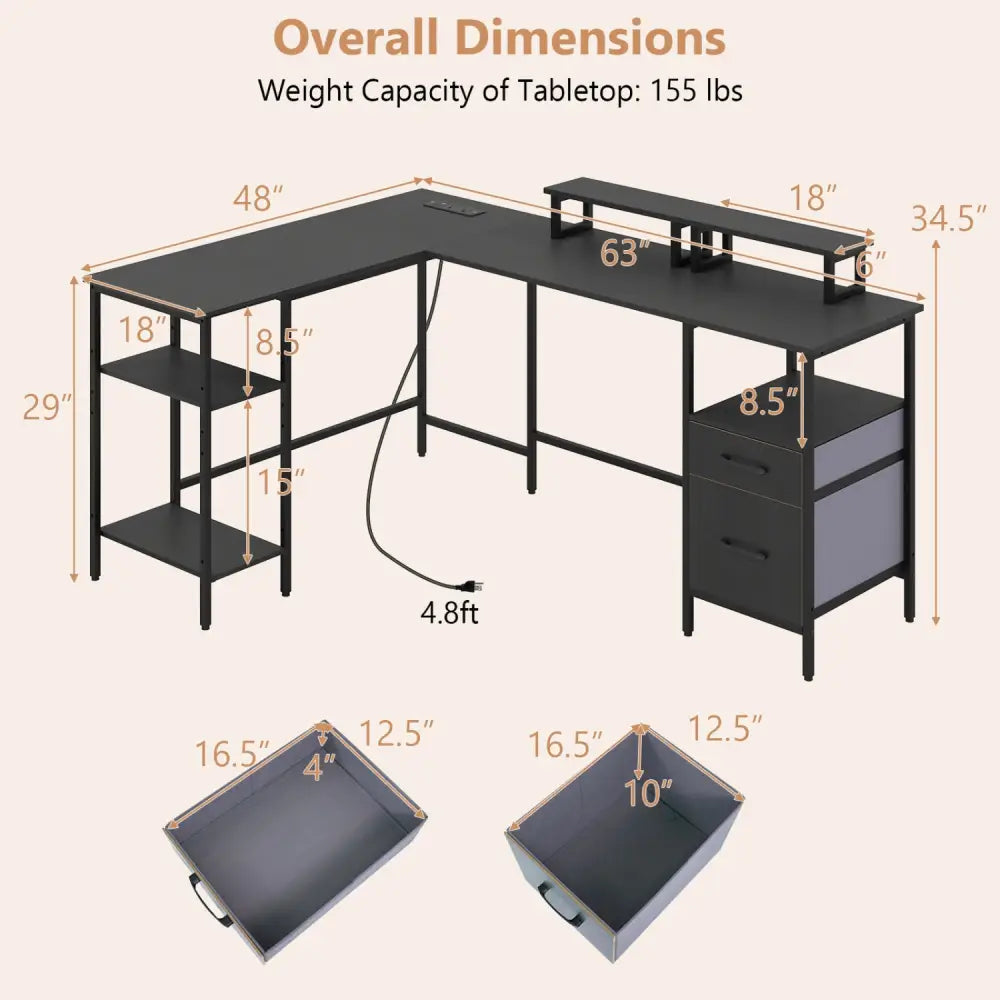 L Shaped Desk with Power Outlet Reversible Computer Desk with Monitor Stands-Black - Black - L-Shaped Desks