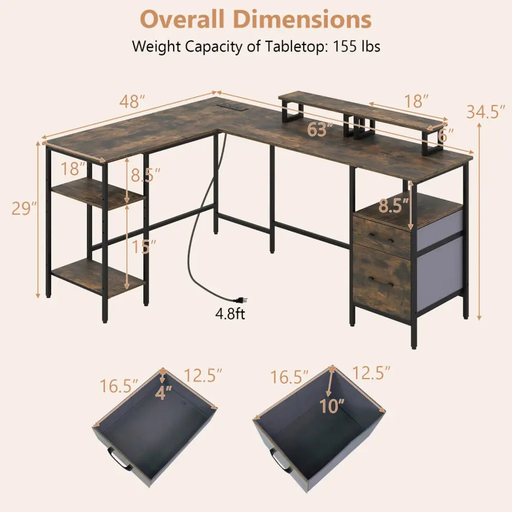 L Shaped Desk with Power Outlet Reversible Computer Desk with Monitor Stands-Rustic Brown - Rustic Brown - L-Shaped