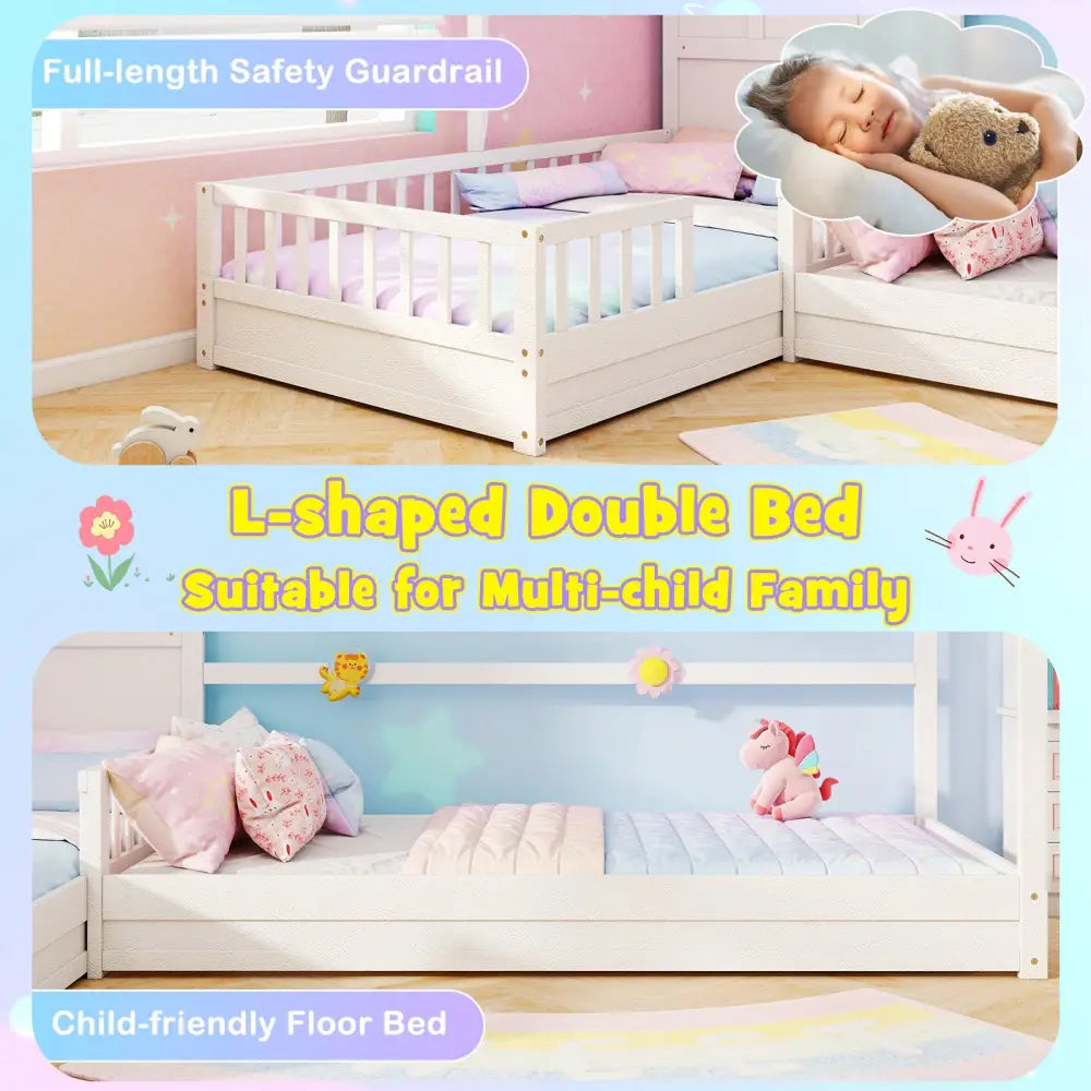 L-shaped Double Twin Beds House Platform Beds with Fences Corner Bed Frame-White - White - Toddler Beds