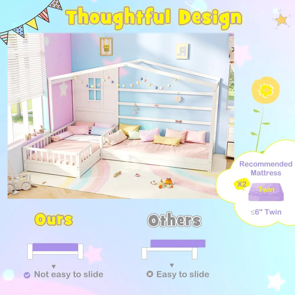 L-shaped Double Twin Beds House Platform Beds with Fences Corner Bed Frame-White - White - Toddler Beds