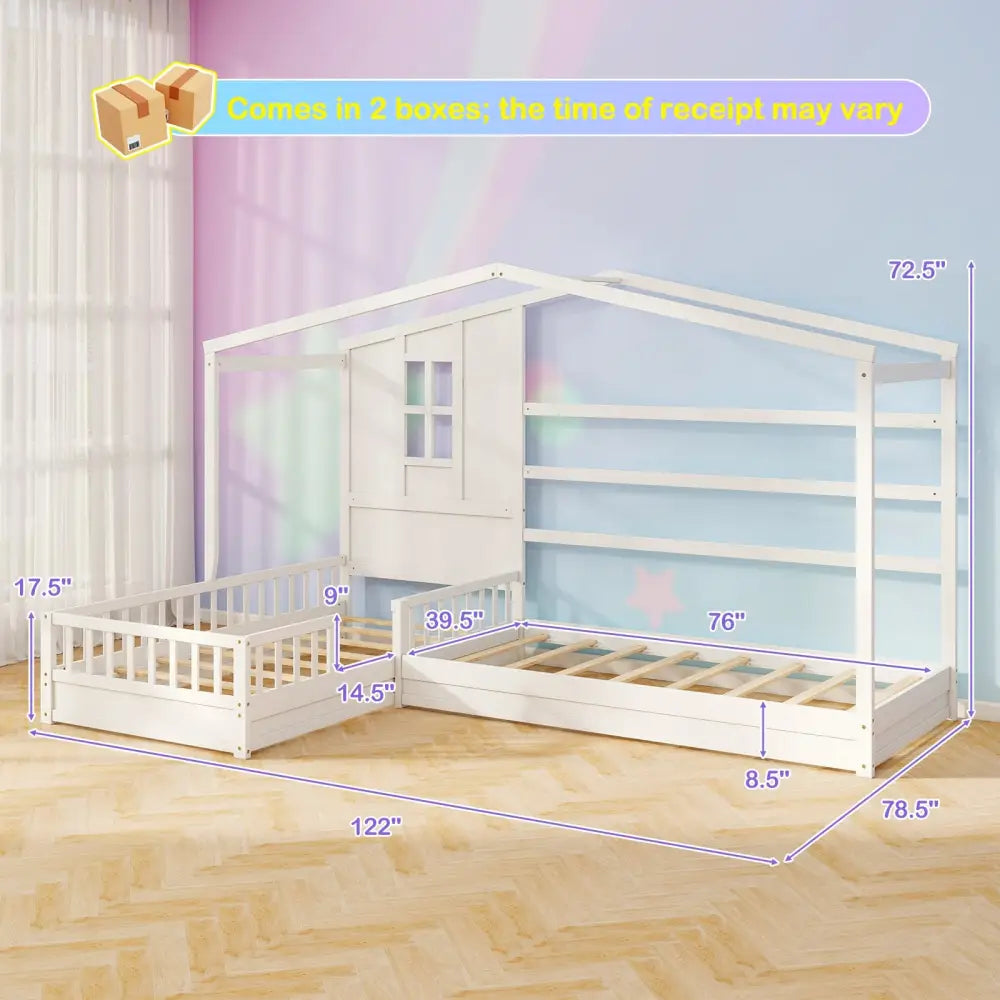 L-shaped Double Twin Beds House Platform Beds with Fences Corner Bed Frame-White - White - Toddler Beds