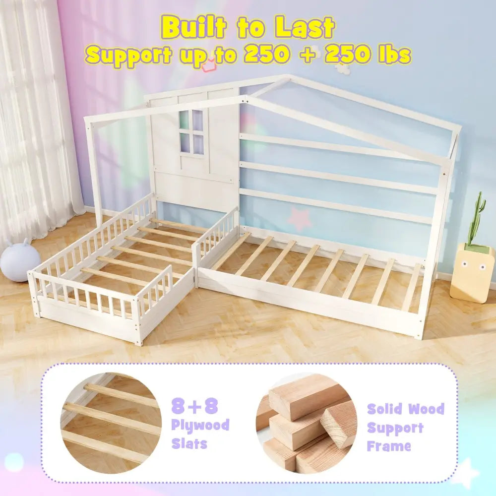 L-shaped Double Twin Beds House Platform Beds with Fences Corner Bed Frame-White - White - Toddler Beds