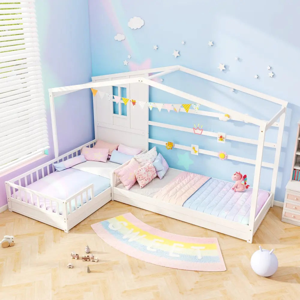 L-shaped Double Twin Beds House Platform Beds with Fences Corner Bed Frame-White - White - Toddler Beds