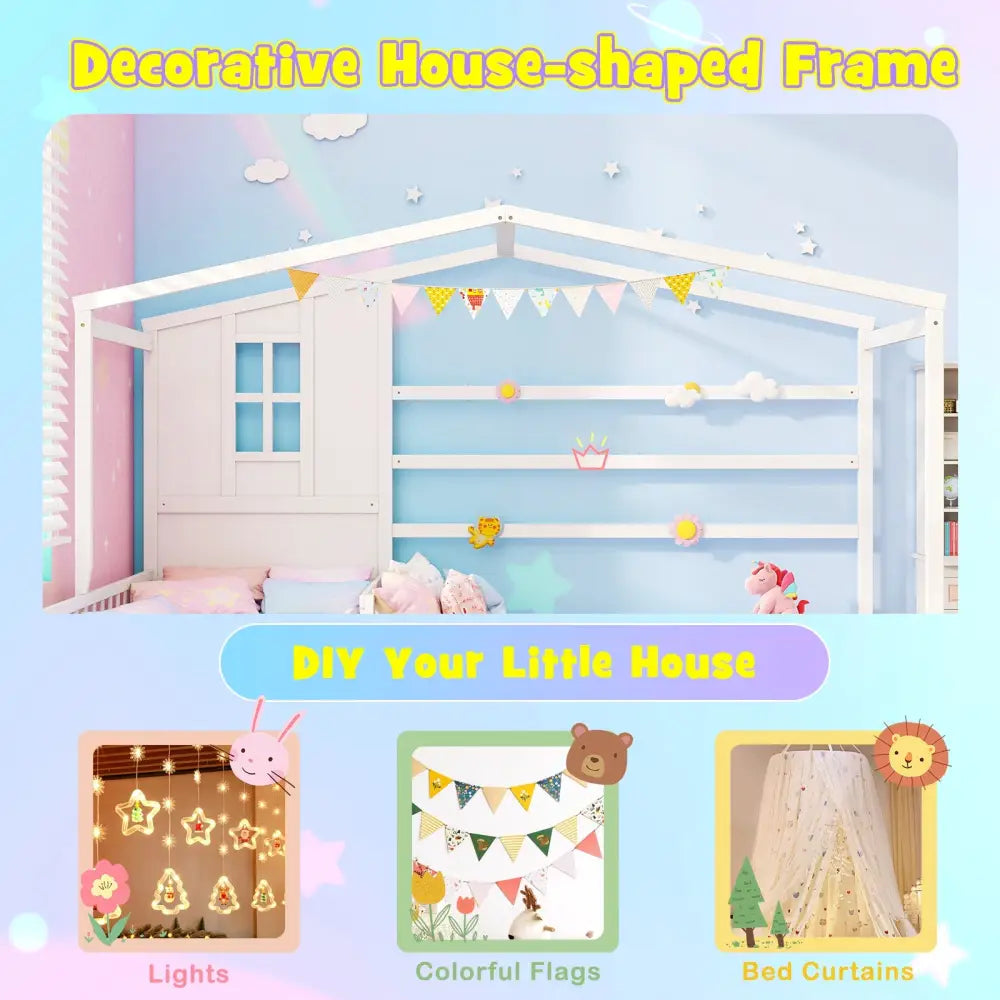 L-shaped Double Twin Beds House Platform Beds with Fences Corner Bed Frame-White - White - Toddler Beds