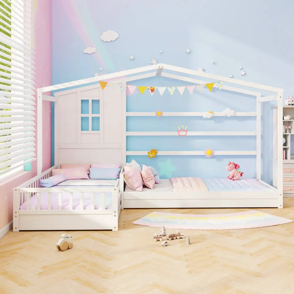 L-shaped Double Twin Beds House Platform Beds with Fences Corner Bed Frame-White - White - Toddler Beds