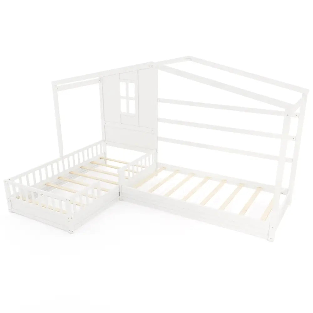 L-shaped Double Twin Beds House Platform Beds with Fences Corner Bed Frame-White - White - Toddler Beds