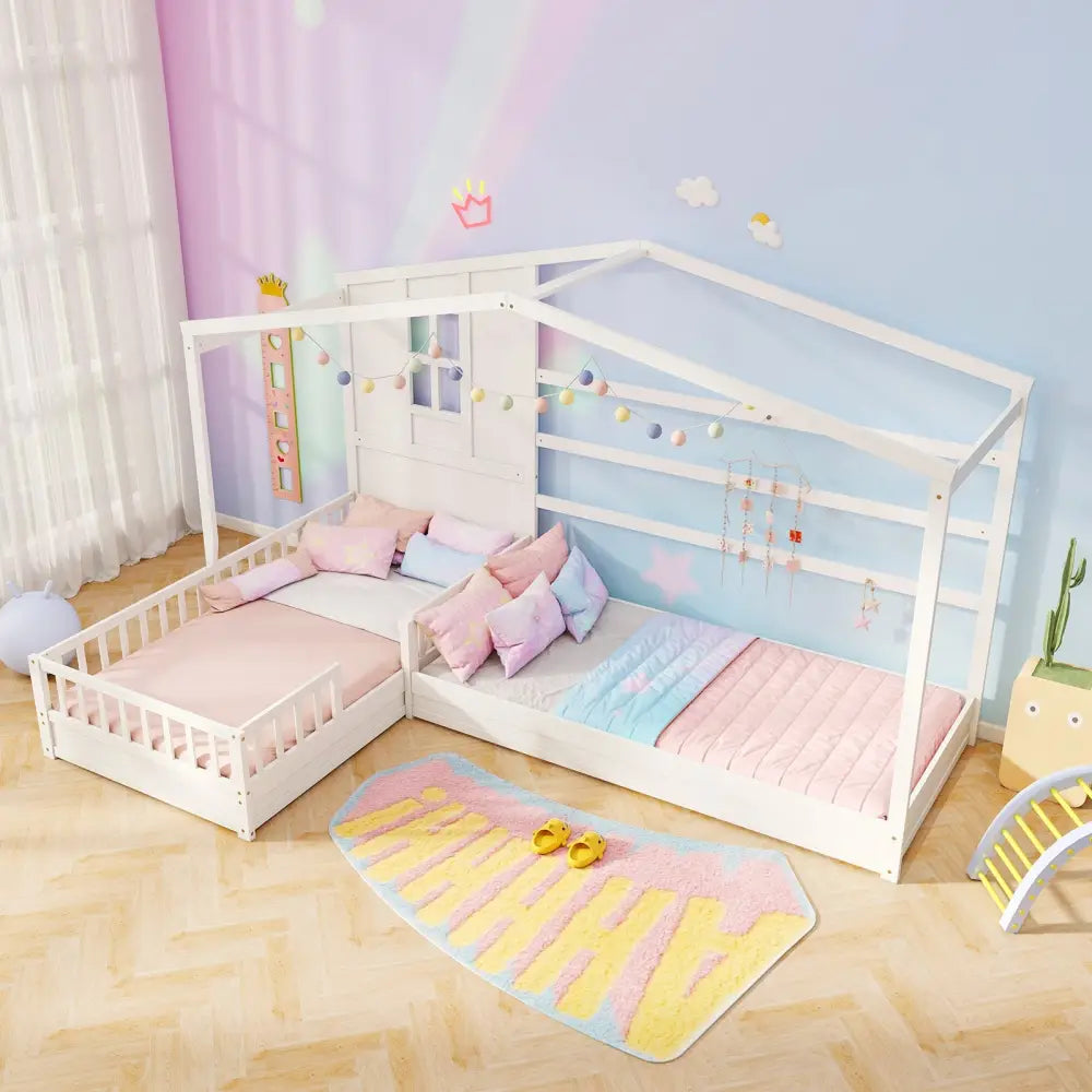 L-shaped Double Twin Beds House Platform Beds with Fences Corner Bed Frame-White - White - Toddler Beds