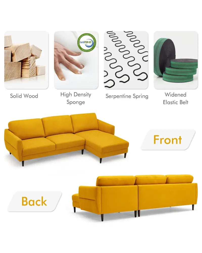 L-Shaped Fabric Sectional Sofa with Chaise Lounge and Solid Wood Legs-Yellow - Yellow - Sofas & Loveseats