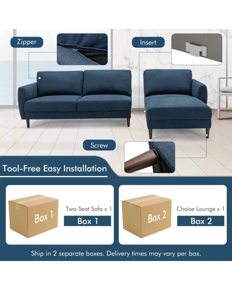 L-Shaped Fabric Sectional Sofa with Chaise Lounge and Solid Wood Legs-Navy - Navy - Sofas & Loveseats