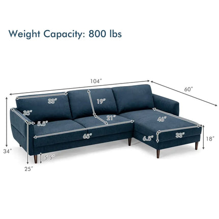 L-Shaped Fabric Sectional Sofa with Chaise Lounge and Solid Wood Legs-Navy - Navy - Sofas & Loveseats