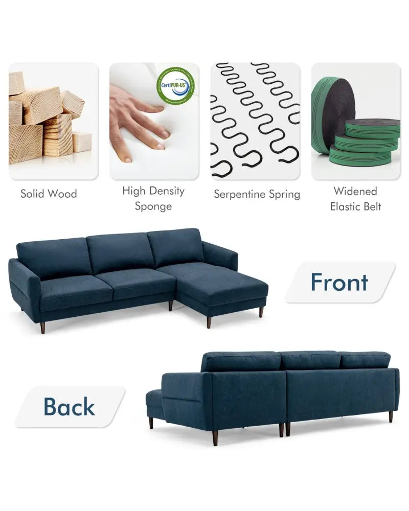 L-Shaped Fabric Sectional Sofa with Chaise Lounge and Solid Wood Legs-Navy - Navy - Sofas & Loveseats