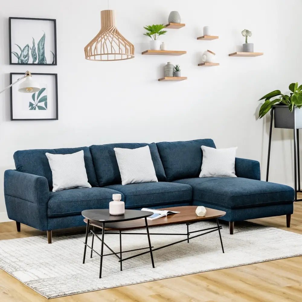 L-Shaped Fabric Sectional Sofa with Chaise Lounge and Solid Wood Legs-Navy - Navy - Sofas & Loveseats