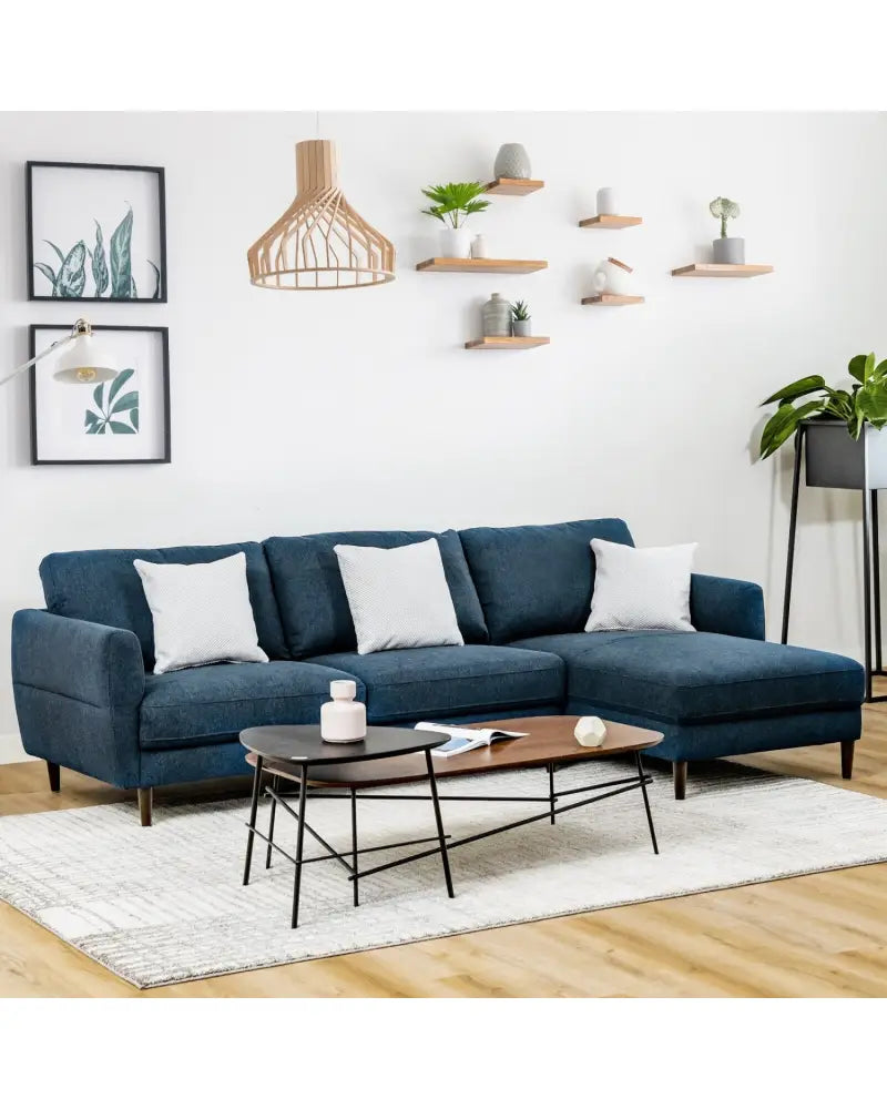 L-Shaped Fabric Sectional Sofa with Chaise Lounge and Solid Wood Legs-Navy - Navy - Sofas & Loveseats