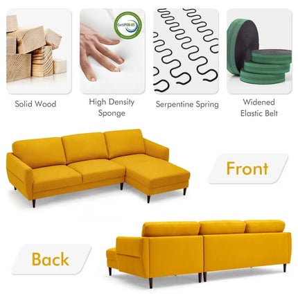 L-Shaped Fabric Sectional Sofa with Chaise Lounge and Solid Wood Legs-Yellow - Yellow - Sofas & Loveseats