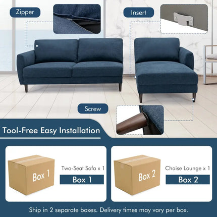 L-Shaped Fabric Sectional Sofa with Chaise Lounge and Solid Wood Legs-Navy - Navy - Sofas & Loveseats