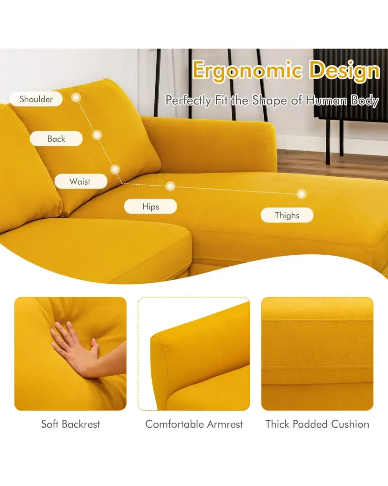 L-Shaped Fabric Sectional Sofa with Chaise Lounge and Solid Wood Legs-Yellow - Yellow - Sofas & Loveseats