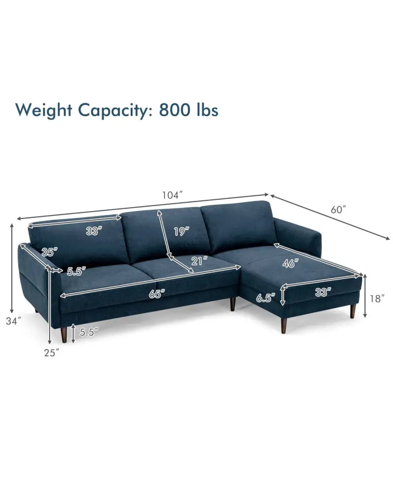 L-Shaped Fabric Sectional Sofa with Chaise Lounge and Solid Wood Legs-Navy - Navy - Sofas & Loveseats