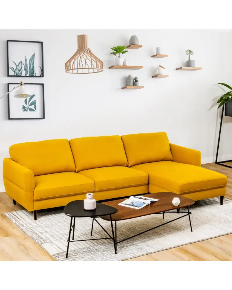 L-Shaped Fabric Sectional Sofa with Chaise Lounge and Solid Wood Legs-Yellow - Yellow - Sofas & Loveseats