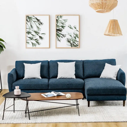 L-Shaped Fabric Sectional Sofa with Chaise Lounge and Solid Wood Legs-Navy - Navy - Sofas & Loveseats