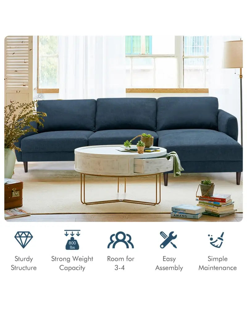L-Shaped Fabric Sectional Sofa with Chaise Lounge and Solid Wood Legs-Navy - Navy - Sofas & Loveseats