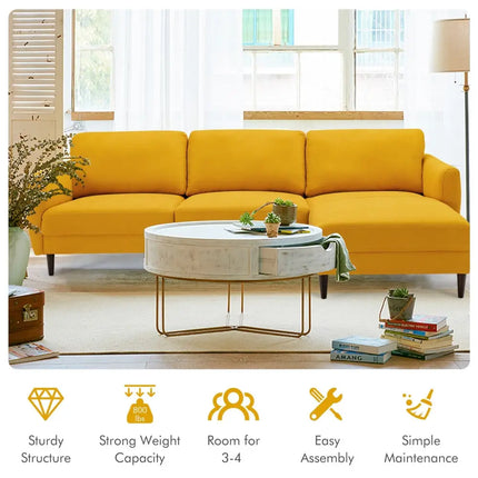 L-Shaped Fabric Sectional Sofa with Chaise Lounge and Solid Wood Legs-Yellow - Yellow - Sofas & Loveseats