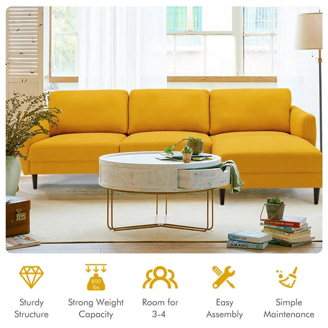 L-Shaped Fabric Sectional Sofa with Chaise Lounge and Solid Wood Legs-Yellow - Yellow - Sofas & Loveseats
