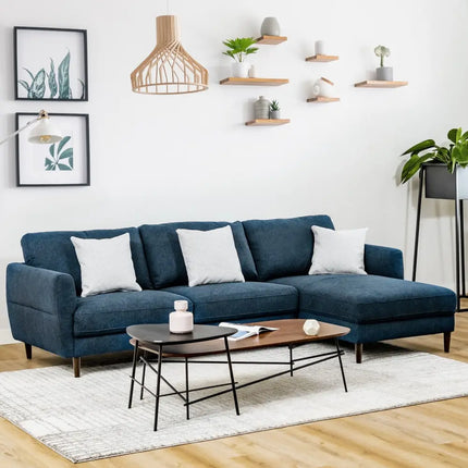 L-Shaped Fabric Sectional Sofa with Chaise Lounge and Solid Wood Legs-Navy - Navy - Sofas & Loveseats