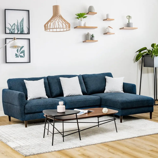 L-Shaped Fabric Sectional Sofa with Chaise Lounge and Solid Wood Legs-Navy - Navy - Sofas & Loveseats