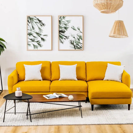 L-Shaped Fabric Sectional Sofa with Chaise Lounge and Solid Wood Legs-Yellow - Yellow - Sofas & Loveseats