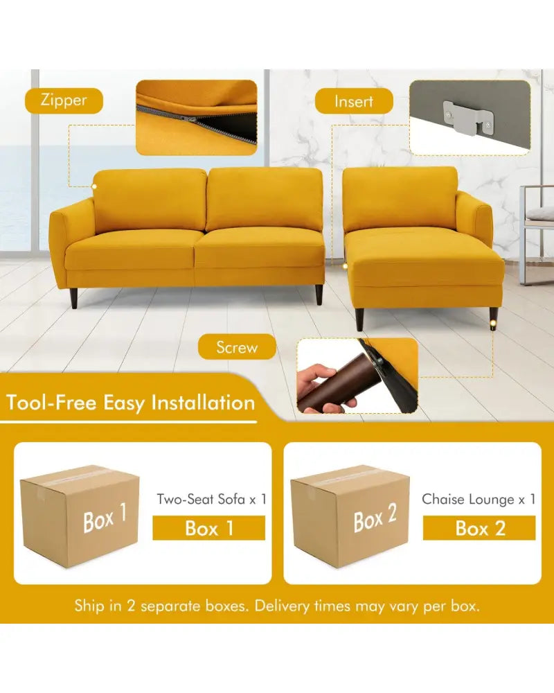 L-Shaped Fabric Sectional Sofa with Chaise Lounge and Solid Wood Legs-Yellow - Yellow - Sofas & Loveseats