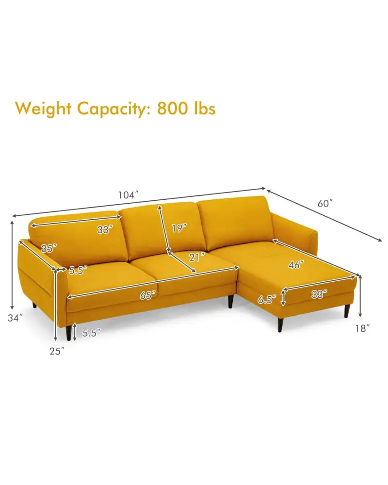 L-Shaped Fabric Sectional Sofa with Chaise Lounge and Solid Wood Legs-Yellow - Yellow - Sofas & Loveseats