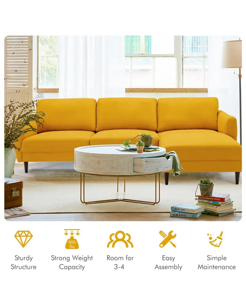 L-Shaped Fabric Sectional Sofa with Chaise Lounge and Solid Wood Legs-Yellow - Yellow - Sofas & Loveseats