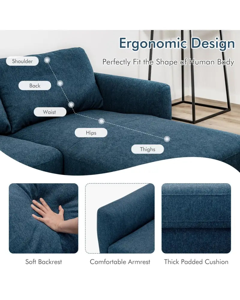 L-Shaped Fabric Sectional Sofa with Chaise Lounge and Solid Wood Legs-Navy - Navy - Sofas & Loveseats