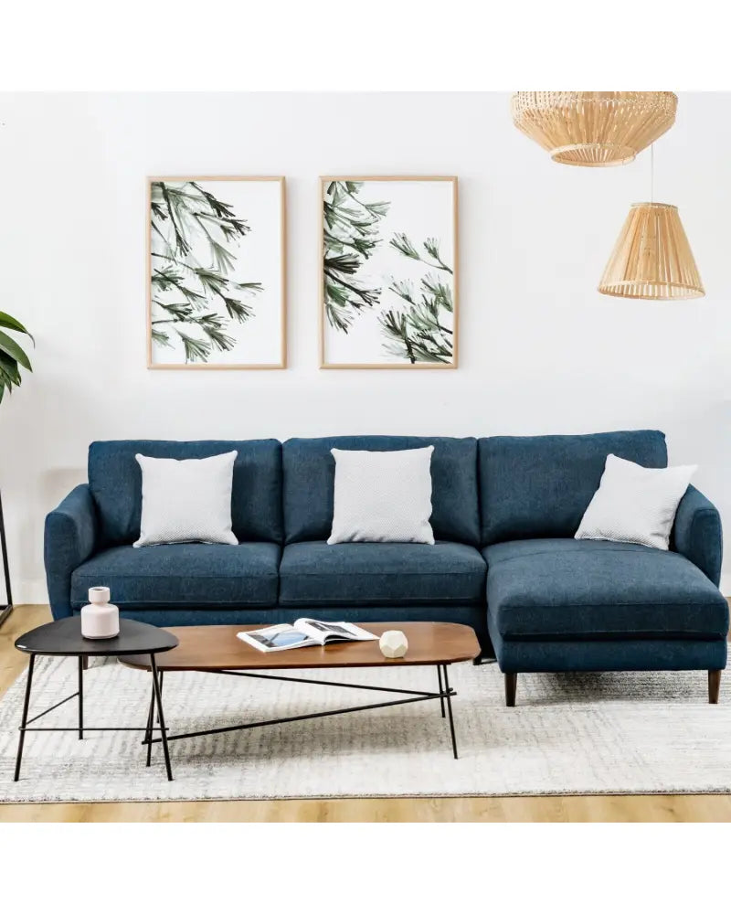 L-Shaped Fabric Sectional Sofa with Chaise Lounge and Solid Wood Legs-Navy - Navy - Sofas & Loveseats