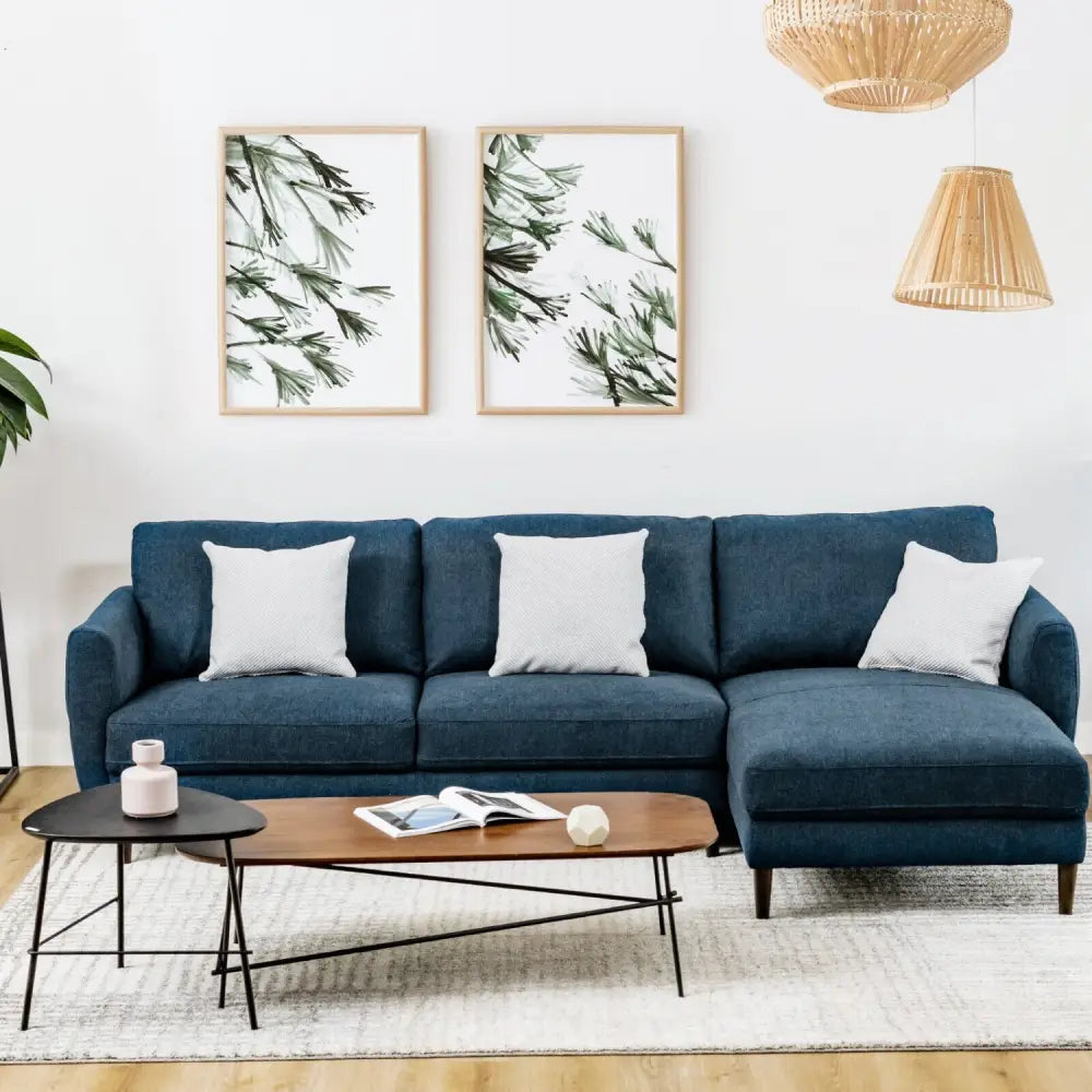 L-Shaped Fabric Sectional Sofa with Chaise Lounge and Solid Wood Legs-Navy - Navy - Sofas & Loveseats